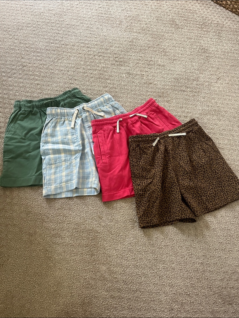 Kids Drawstring Shorts - Green, Light Blue Plaid, Pink, Brown Leopard (4-Pack)